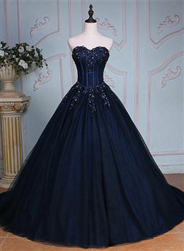 Picture of Navy Blue Lace Applique Tulle Long Party Dresses, Blue Formal Gown